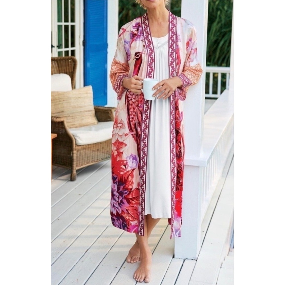 Soft Surroundings Faye Silk Blend Peacock Floral Kimono Robe Women Size S Lounge